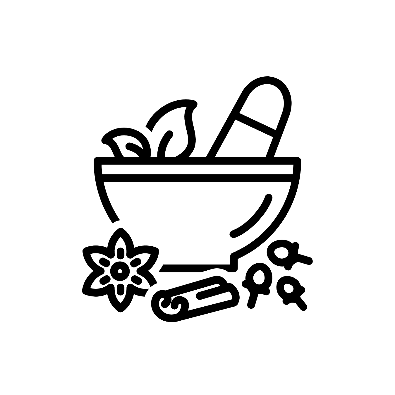 A minimalist outline of Indian spices and herbs, including a rolling pin and flower, representing Indian cooking essentials at The Indian Pantry.