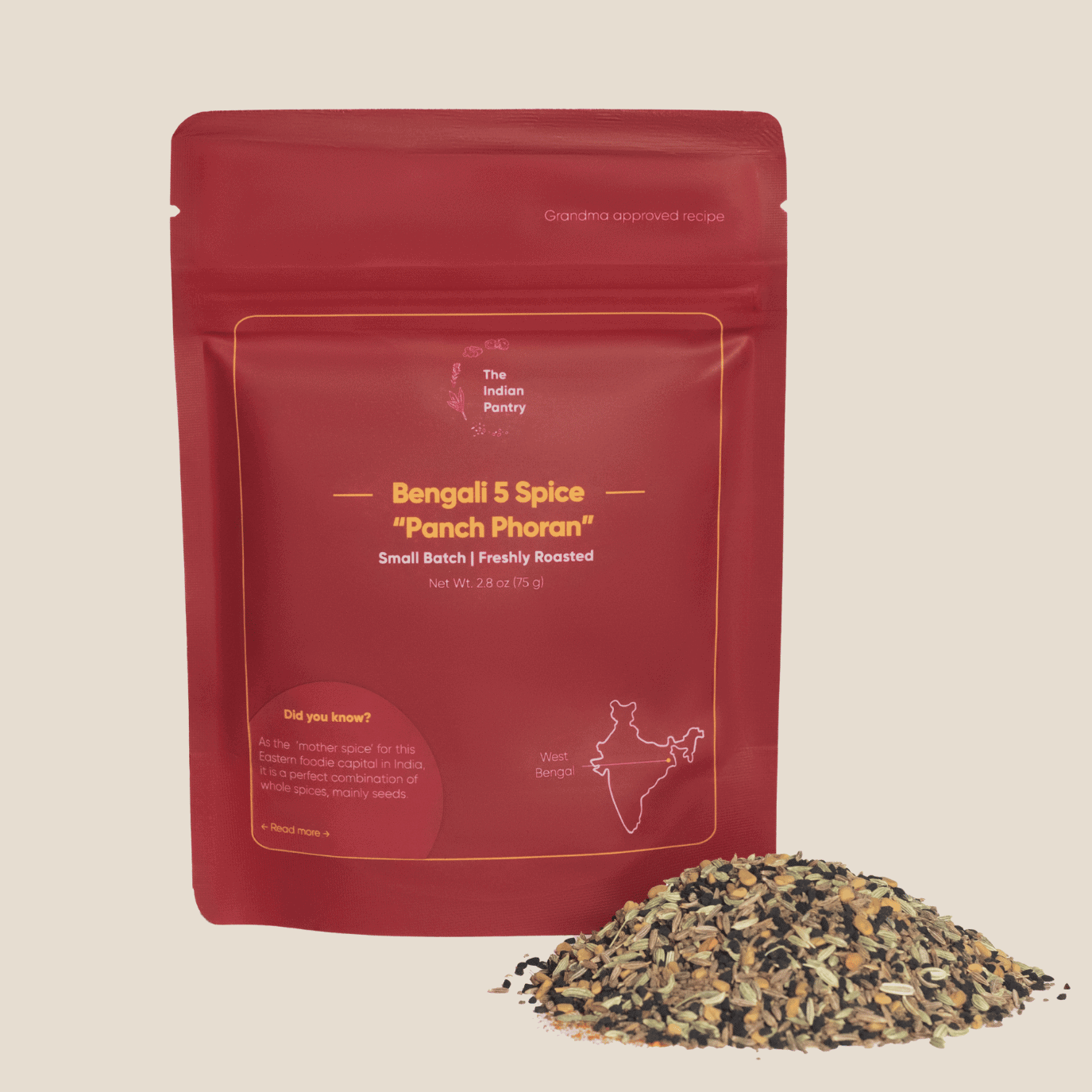 Authentic Bengali Panch Phoran spices for Indian cuisine, freshly roasted, perfect for authentic Bengali dishes, and available in small batches at The Indian Pantry.