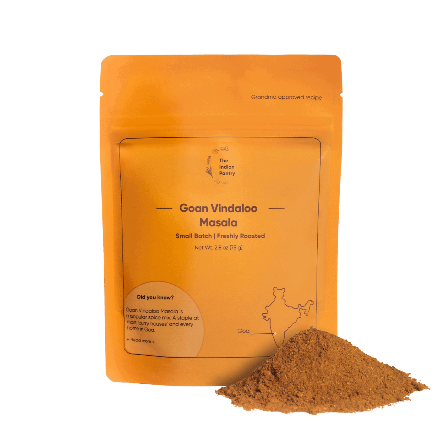 Detailed image of Goan Vindaloo Masala spice mix in bright orange packaging, with a small pile of ground spice next to it, emphasizing authentic Indian curry ingredients.