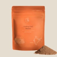 Bright orange Indian spice packaging for Cutting Chai Masala, with fresh roasted flavor and small batch quality, perfect for Indian cuisine enthusiasts.